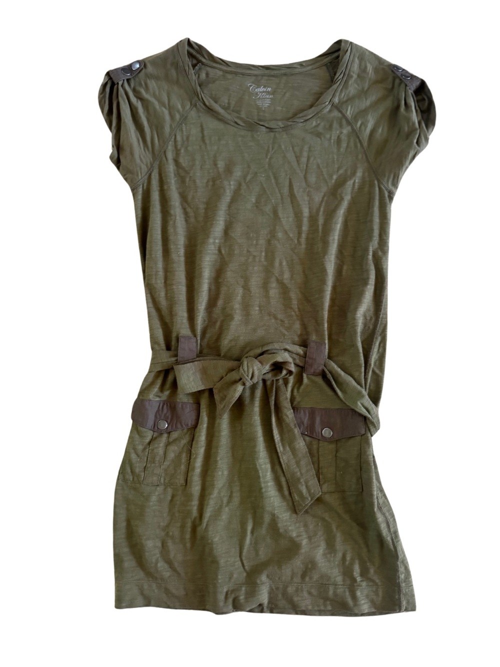 Calvin Klein Olive Green Tie-Waist Mini Dress